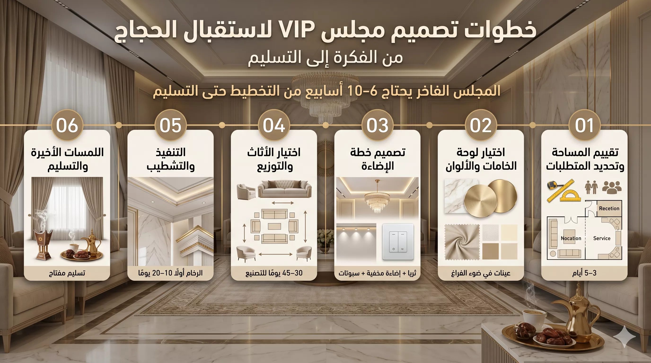 A luxurious infographic explaining the six stages of designing a VIP reception hall for pilgrims, from assessing the space and selecting materials to final implementation and delivery.